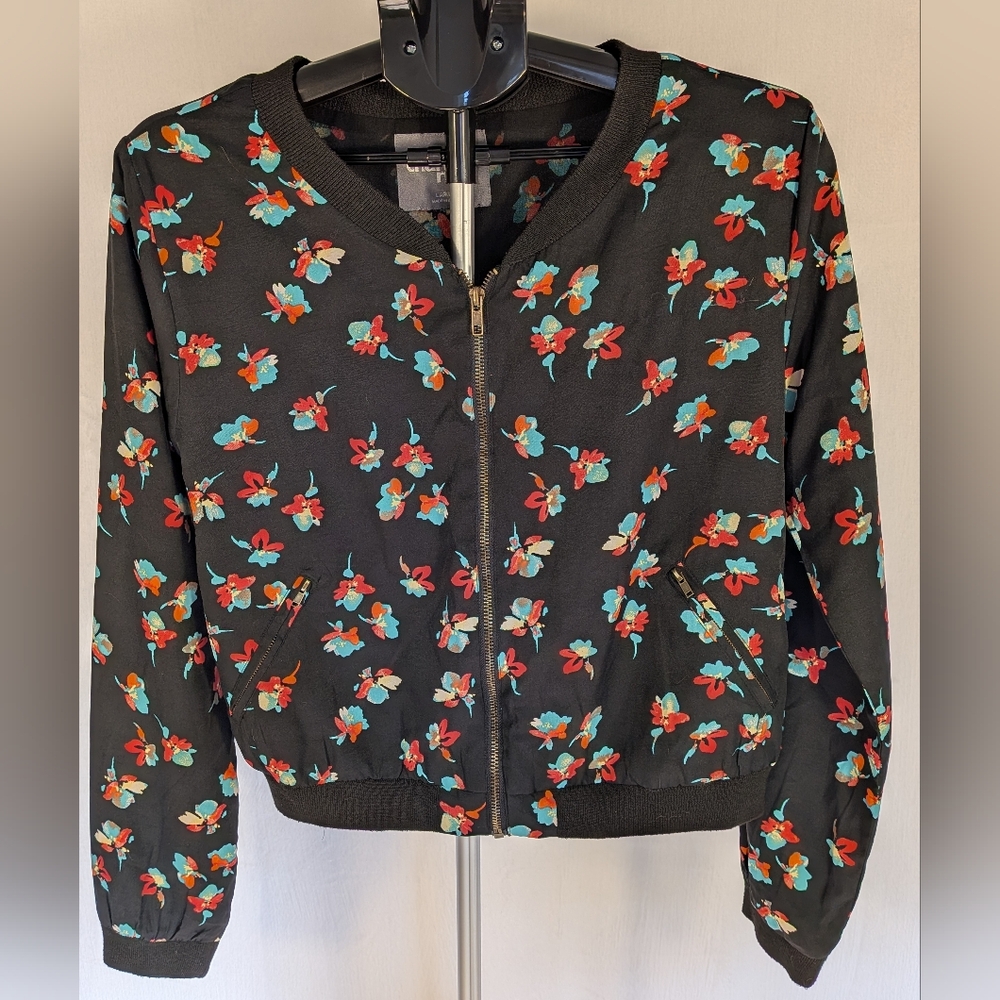 Floral Bomber Jacket | Black Pink Green Zip Up Lightweight Jacket
